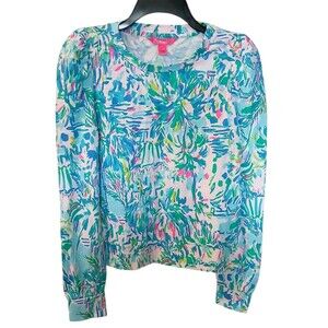 Lilly Pulitzer Jansen Sweatshirt Blue Ibiza Cabana Tropical Print Size XS NEW